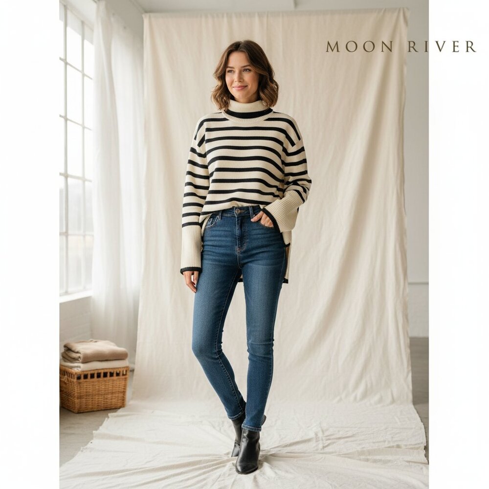 Moon River Cream and Black Striped Turtleneck Sweater